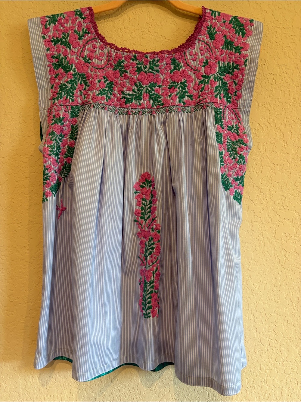 Mi Golondrina Pink and Green Embroidered Sleeveless Blouse